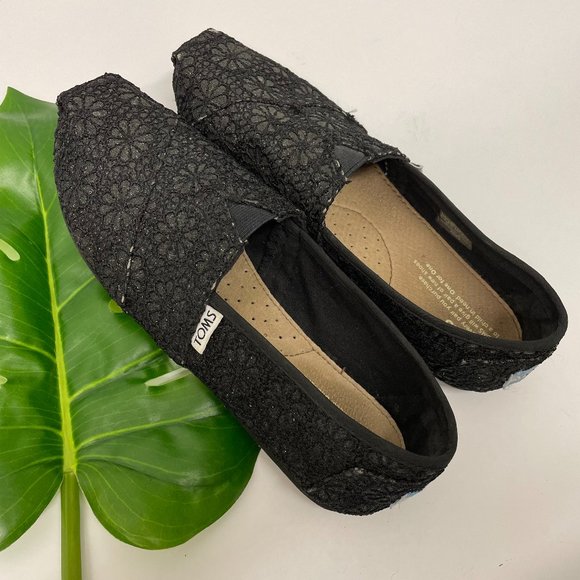 Toms Black Glitter Shoes, Black Glitter Toms, Toms Black Slip On Shoes - Picture 1 of 10
